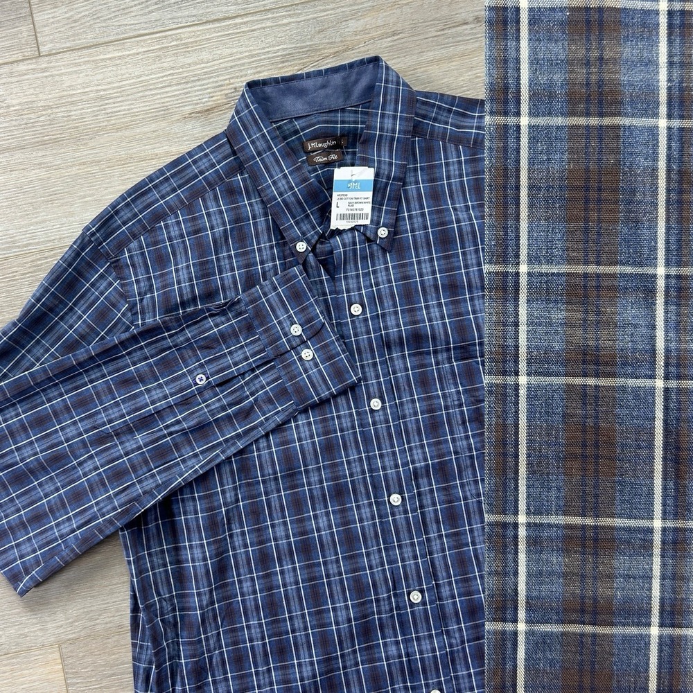 J. Mclaughlin Large Westend Trim Fit Blue Plaid Long Sleeve Cotton Button Down